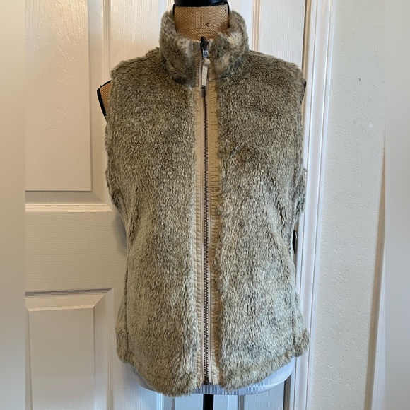 Old Navy Reversible faux fur khaki cotton pocket zip front tan women’s vest M - Picture 1 of 16